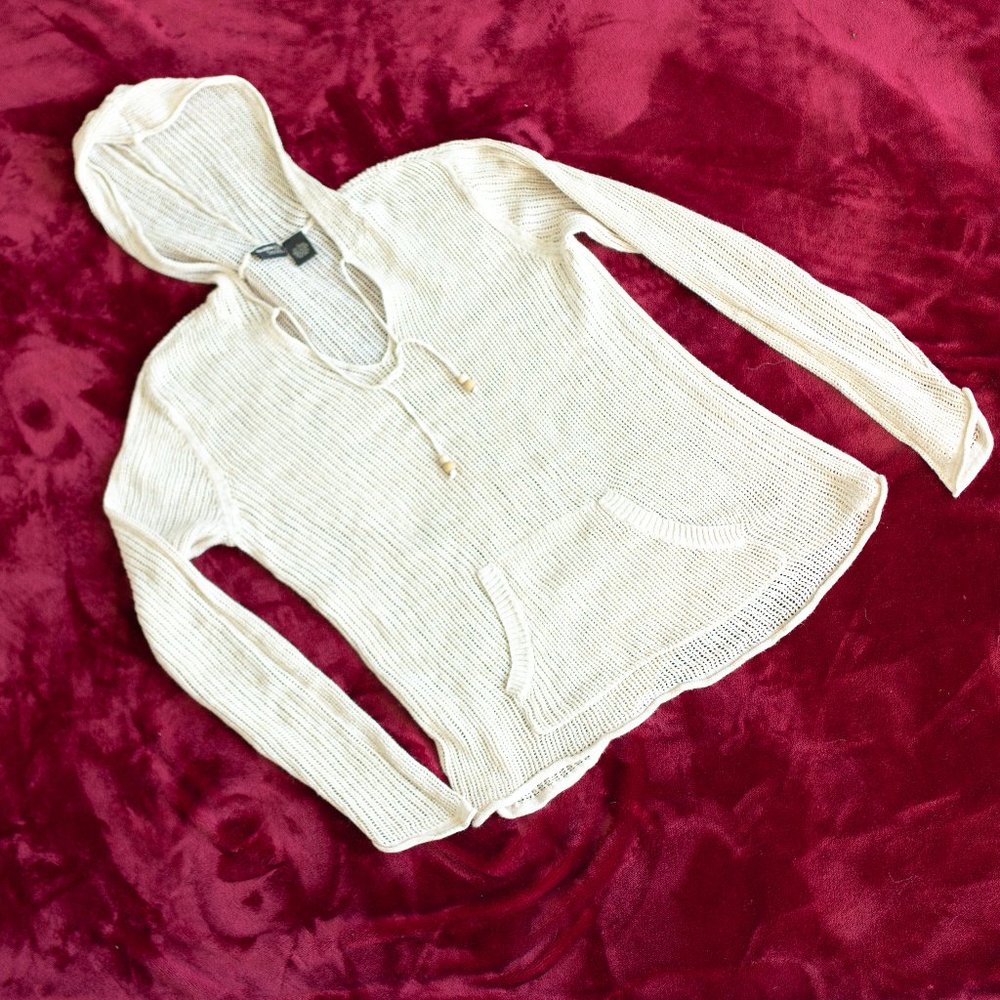 VINTAGE Guide Series Cream Tan Crochet Knit Hooded Bohemian Sweater Size L